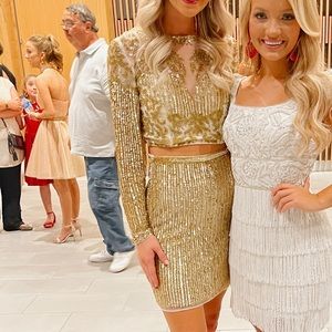 Gold Long Sleeve Two Piece Cocktail Dress